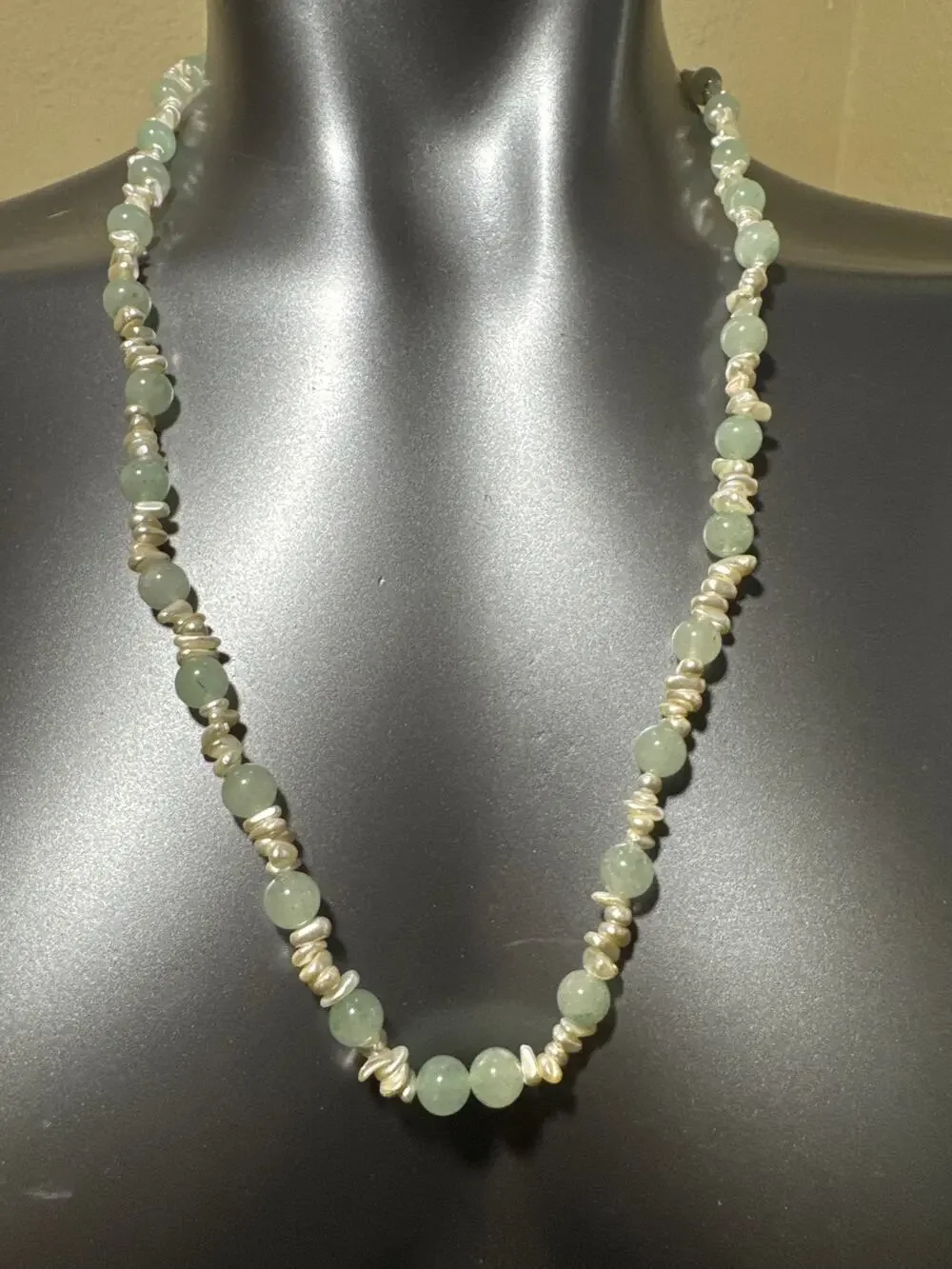 24” Light Green Stones Rice Pearls Necklace GSilver Pearl Filigree Clasp